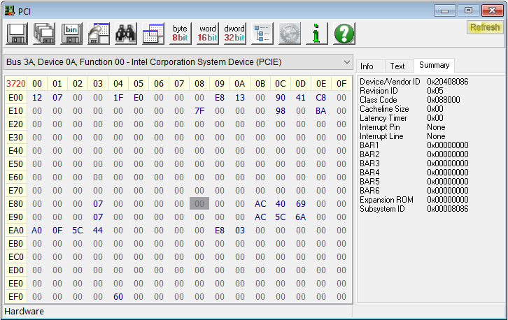 Another screenshot of the IMC PCI device in RW Everything, this time showing addresses 0xE00 to 0xEFF.

Address 0xE88 is highlighted, and the value of the fourth byte in the register is 0xAC. The same goes for the register at 0xE98.